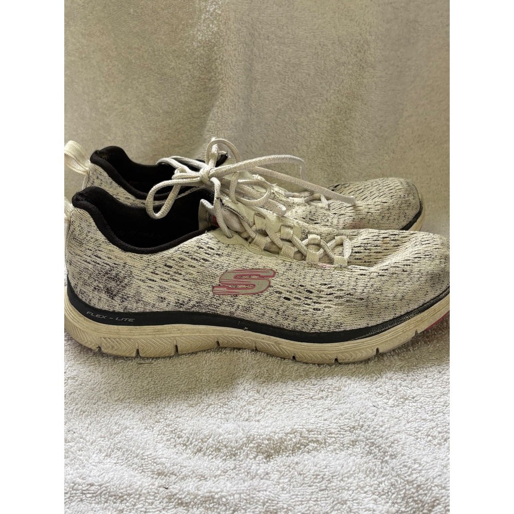 Skechers Flex-Lite Womens 7 White Black Marled Knit Training Sneakers 149301